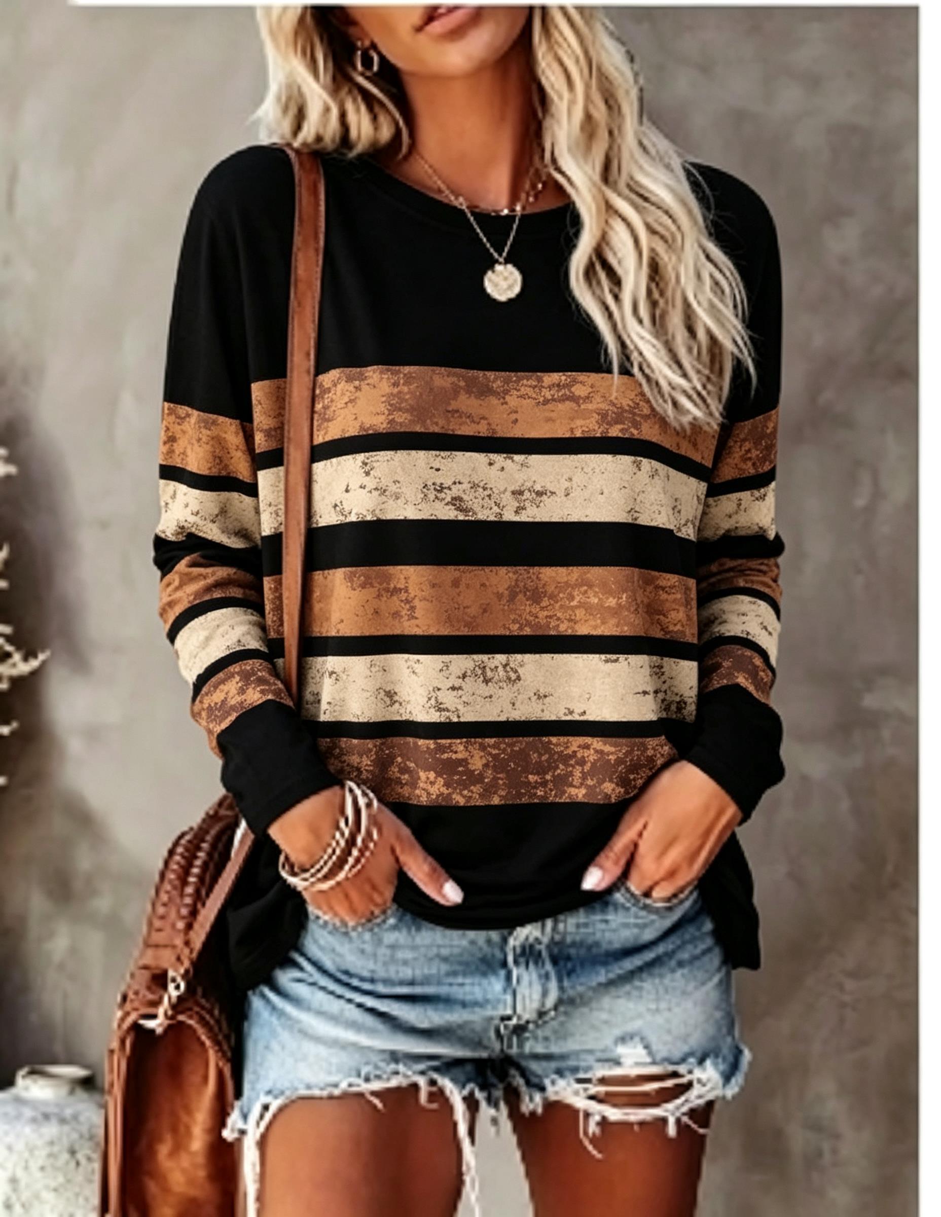 T-Shirts - Women Long Sleeve T‑Shirt Vintage Distressed