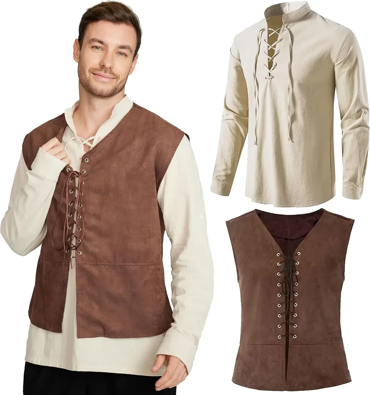 2-piece Set Men's Medieval Pir - đánh giá và giá Medieval Gothic Lace Up Pirate Shirt